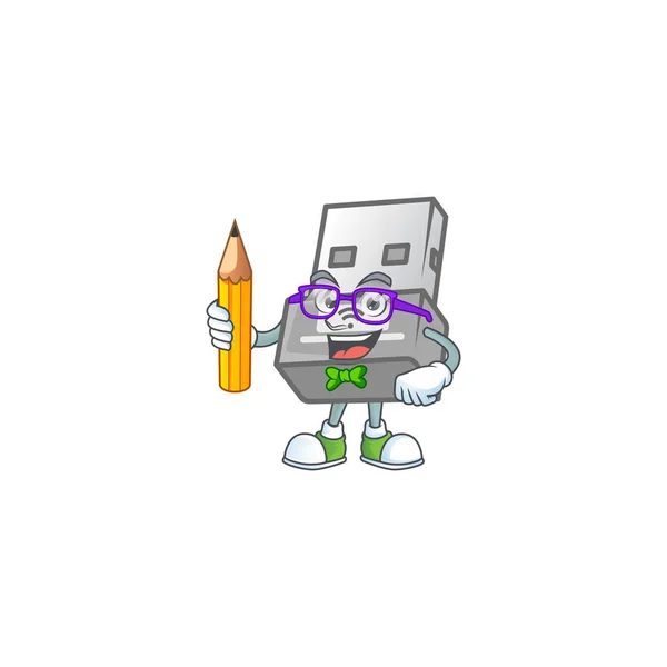 一个吉祥物图标学生Usb无线适配器字符持有铅笔 矢量说明 — 图库矢量图片