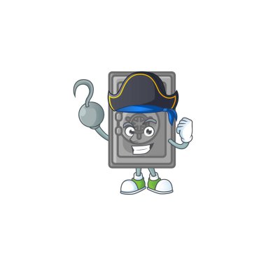 Korsan güvenlik kutusu kapalı maskot tasarımı şapka takıyor. Vektör illüstrasyonu