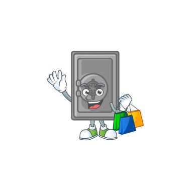 Zengin bir güvenlik kutusu kapalı çizgi film tasarımı el sallıyor ve alışveriş çantası tutuyor. Vektör illüstrasyonu