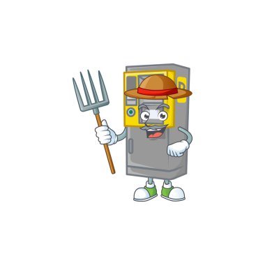 Tatlı Çiftçi park cezası makina maskot şapkalı ve aletli. Vektör illüstrasyonu