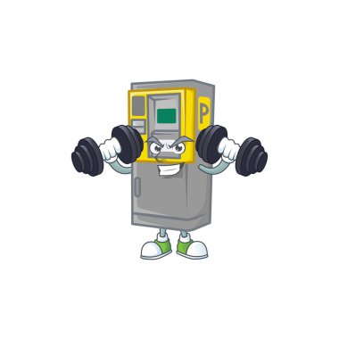 Park bileti maskot ikonu spor salonunda halterleri deniyor. Vektör illüstrasyonu