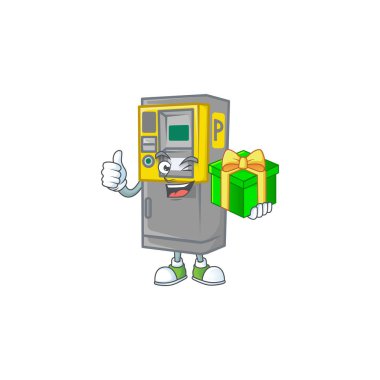 Hediye kutusu tutan sevimli bir park cezası makinesi karakteri. Vektör illüstrasyonu