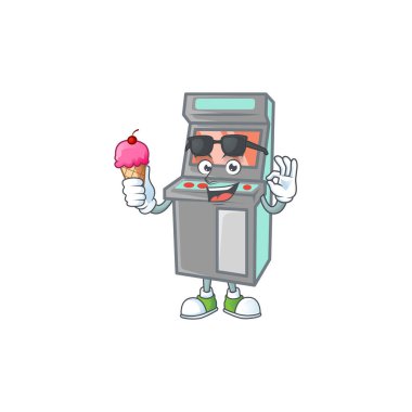 Oyun makinesi maskot tarzı dondurma yiyen bir maskot. Vektör illüstrasyonu