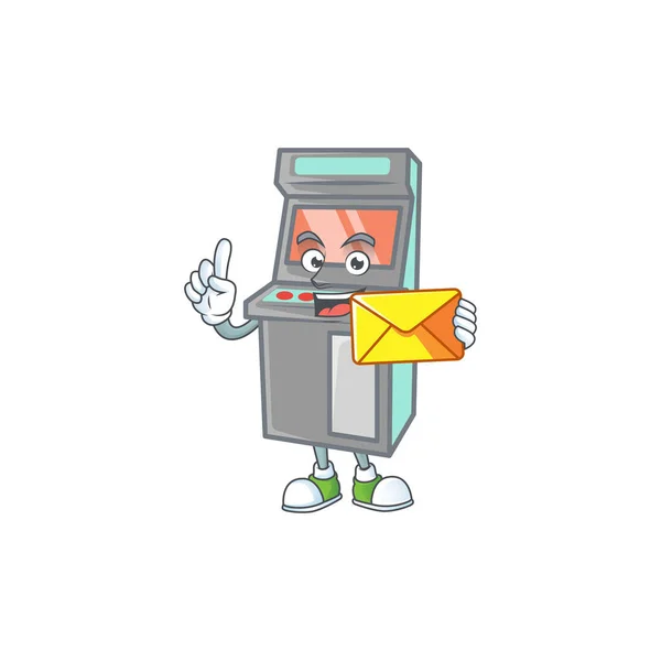 Heureusement Style Conception Mascotte Machine Jeu Arcade Avec Enveloppe Illustration — Image vectorielle