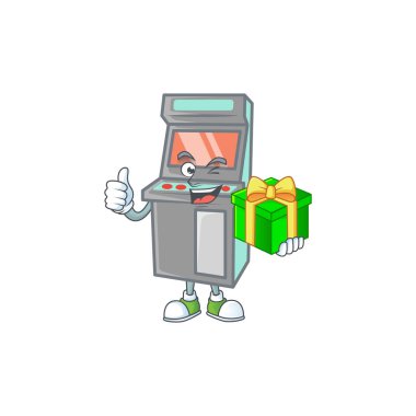 Hediye kutusu tutan sevimli oyun makinesi karakteri. Vektör illüstrasyonu