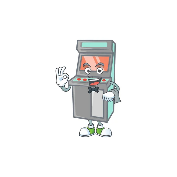 ウェイターとして働いているアーケードゲーム機の漫画のマスコット ベクターイラスト — ストックベクタ