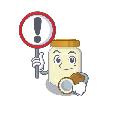 Hindistan cevizi ezmesinin sevimli maskot karakteri bir tabela kaldırdı. Vektör illüstrasyonu