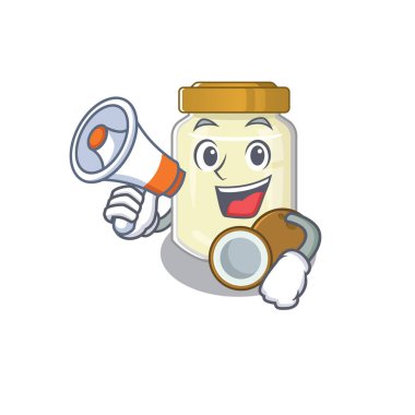 Bir hindistan cevizi ezmesi maskotu megafondan konuşuyor. Vektör illüstrasyonu