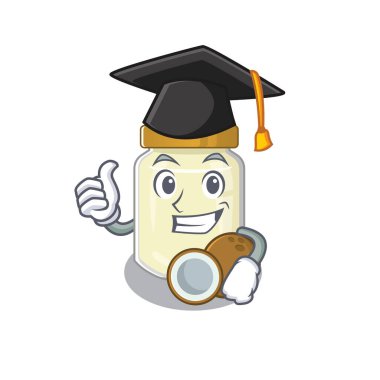 Siyah mezuniyet şapkası takan mutlu ve gururlu bir hindistan cevizi ezmesi. Vektör illüstrasyonu