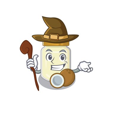 Maskot konsepti olan hindistan cevizi ezmesi cadı olarak icra edilir. Vektör illüstrasyonu