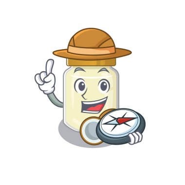 Hindistan cevizi ezmesi deneyimli Explorer pusula kullanıyor. Vektör illüstrasyonu