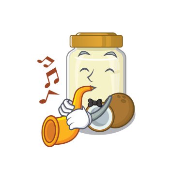 Maskot tasarımı konsepti. Hindistan cevizi ezmesi trompet çalıyor. Vektör illüstrasyonu