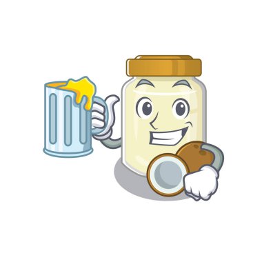 Gülen hindistan cevizi yağı maskotu tasarımı ve büyük bir bardak. Vektör illüstrasyonu