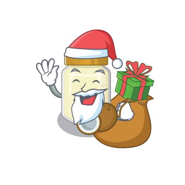 Noel Baba Hindistan cevizi ezmesi çizgi film karakteri tasarımında hediye kutusu var. Vektör illüstrasyonu