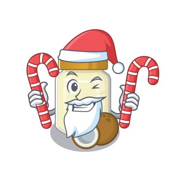 Noel Baba kostümü giyen hindistan cevizi ezmeli çizgi film karakteri şeker getiriyor. Vektör illüstrasyonu