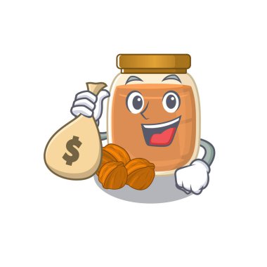 Zengin ve ünlü ceviz ezmeli çizgi film karakteri para çantası tutuyor. Vektör illüstrasyonu