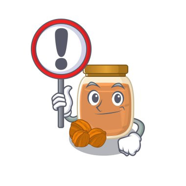 Ceviz ezmesinin sevimli maskot karakteri bir tabela kaldırdı. Vektör illüstrasyonu