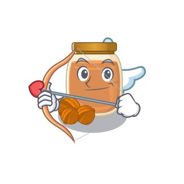 Tatlı ceviz ezmesi, ok ve kanatlı aşk tanrısı çizgi film tasarımı. Vektör illüstrasyonu