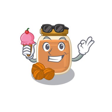 Mutlu yüz ceviz ezmeli karikatür tasarımı ve dondurma. Vektör illüstrasyonu