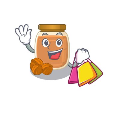 Dost canlısı, zengin, ceviz ezmeli el sallayan ve alışveriş torbası tutan biri. Vektör illüstrasyonu