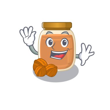 Dost canlısı ceviz ezmesi maskotu tasarımı. Vektör illüstrasyonu