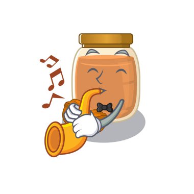 Maskot tasarımı konsepti. Ceviz ezmesi trompet çalıyor. Vektör illüstrasyonu