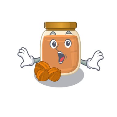 Şaşırtıcı bir jestle ceviz yağı maskotu tasarımı konsepti. Vektör illüstrasyonu