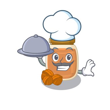 Şefin tepside yemek servisi yaptığı bir fındık ezmesi resmi. Vektör illüstrasyonu