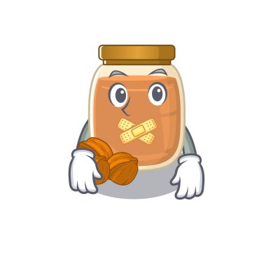 Çizgi film karakteri tasarımı ceviz ezmesi sessiz bir jest yapıyor. Vektör illüstrasyonu