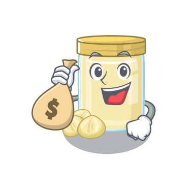 Zengin ve ünlü Macadamia Fındık Ezmesi çizgi film karakteri para çantası tutuyor. Vektör illüstrasyonu