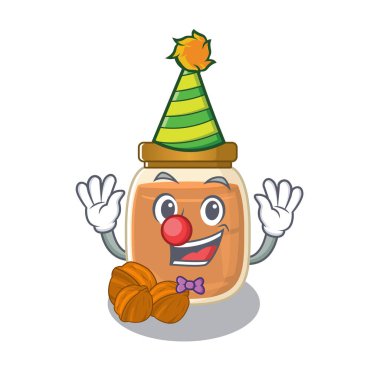 Komik palyaço ceviz ezmesi çizgi film karakteri maskot tasarımı. Vektör illüstrasyonu