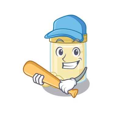 Gülen Komik Macadamia fındık ezmesi beyzbollu bir maskot tasarımı. Vektör illüstrasyonu