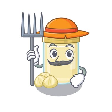 Mutlu Çiftçi Macadamia fındık ezmeli, şapkalı ve aletli karikatür. Vektör illüstrasyonu