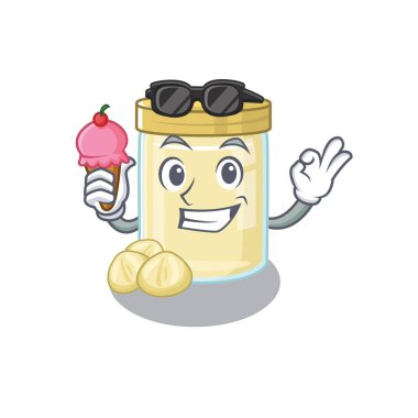 Mutlu yüz Macadamia fındık ezmeli karikatür tasarımı ve dondurma. Vektör illüstrasyonu