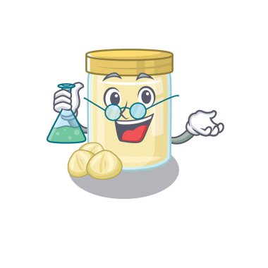 Süper Macadamia Fındık Ezmesi Profesör çizgi film karakteri ve cam tüp. Vektör illüstrasyonu