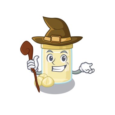 Maskot konsepti Macadamia fındık ezmesi cadı olarak icra edilir. Vektör illüstrasyonu