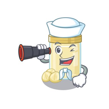 Macadamia fındık ezmesinin dürbünlü bir denizci gibi çalışan bir resmi. Vektör illüstrasyonu