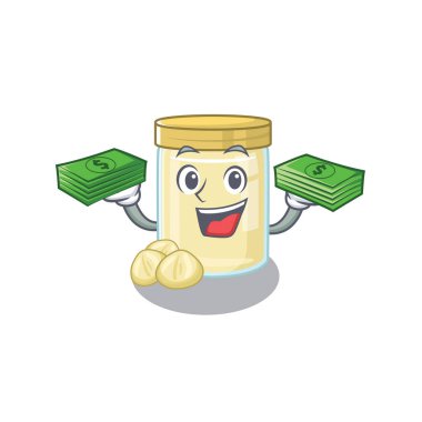 Havalı zengin Macadamia fındık ezmesi karakterinin ellerine para bulaşmış. Vektör illüstrasyonu