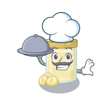 Tepside yemek servisi yapan bir şef olarak Macadamia fındık ezmesi resmi. Vektör illüstrasyonu