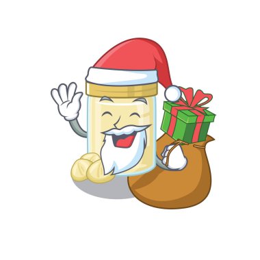Santa Macadamia Fıstık Ezmesi Çizgi Film Karakteri Tasarımı 'nda hediye kutusu var. Vektör illüstrasyonu