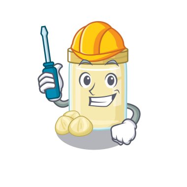 Çizgi film karakteri stili macadamia fındık ezmesi otomotiv olarak çalışıyor. Vektör illüstrasyonu