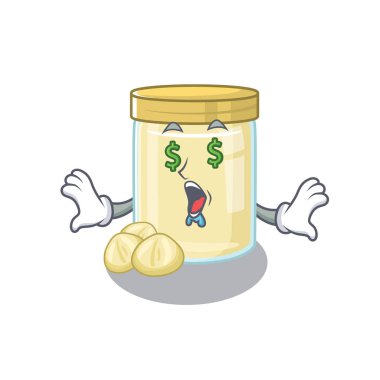 Zengin Macadamia Fıstık Ezmesi çizgi film karakteri Para Gözlü. Vektör illüstrasyonu