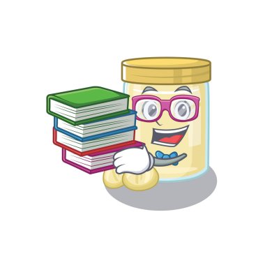 Maskot macadamia fındık ezmesi çizgi filmi kitapla çalışıyor. Vektör illüstrasyonu