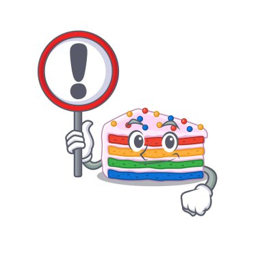 Gökkuşağı pastasının sevimli maskot tarzı bir tabela kaldırdı. Vektör illüstrasyonu