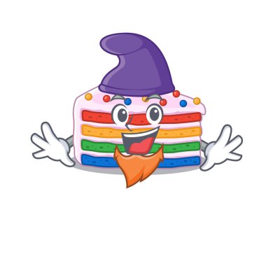 Elf gibi giyinmiş komik gökkuşağı pastasının maskotu. Vektör illüstrasyonu