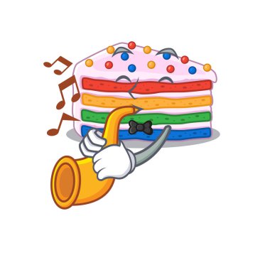 Maskot tasarımı konsepti olan gökkuşağı pastası trompet çalıyor. Vektör illüstrasyonu