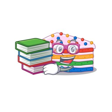 Gökkuşağı pastası maskotu çizgi filmi kitapla çalışıyor. Vektör illüstrasyonu