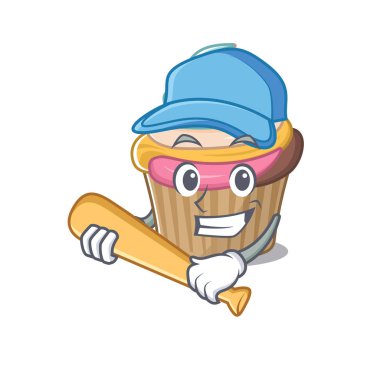 Gülen Komik Gökkuşağı keki. Beyzbollu bir maskot tasarımı. Vektör illüstrasyonu