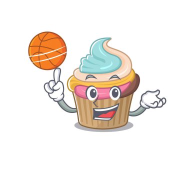 Basketbol oynayan gökkuşağı kek çizgi film karakterinin maskot resmi. Vektör illüstrasyonu