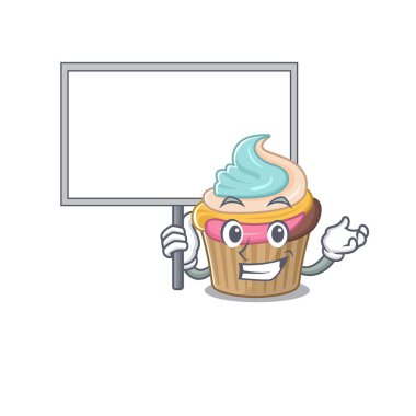 Gökkuşağı kek maskot tasarımının tahtası olan şirin bir resmi. Vektör illüstrasyonu